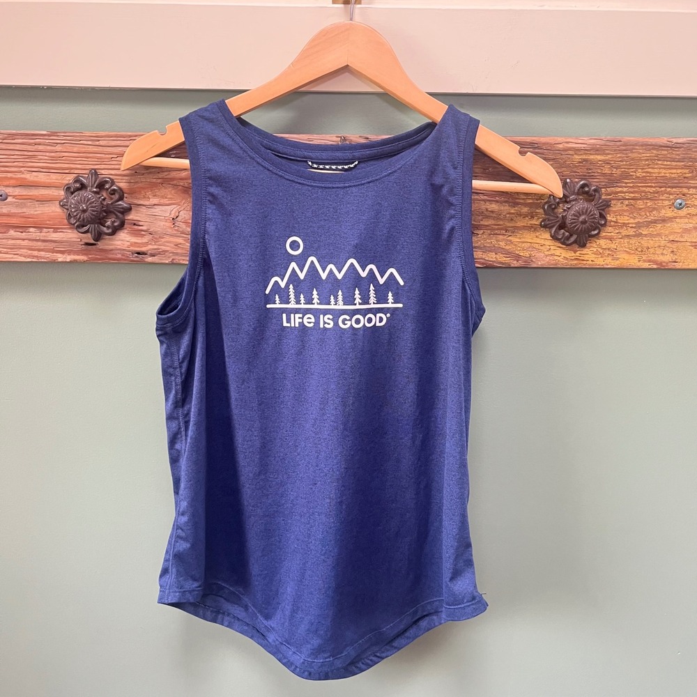Life‎ is Good Womens Active Tank Top Navy Blue Mountain Graphic Small